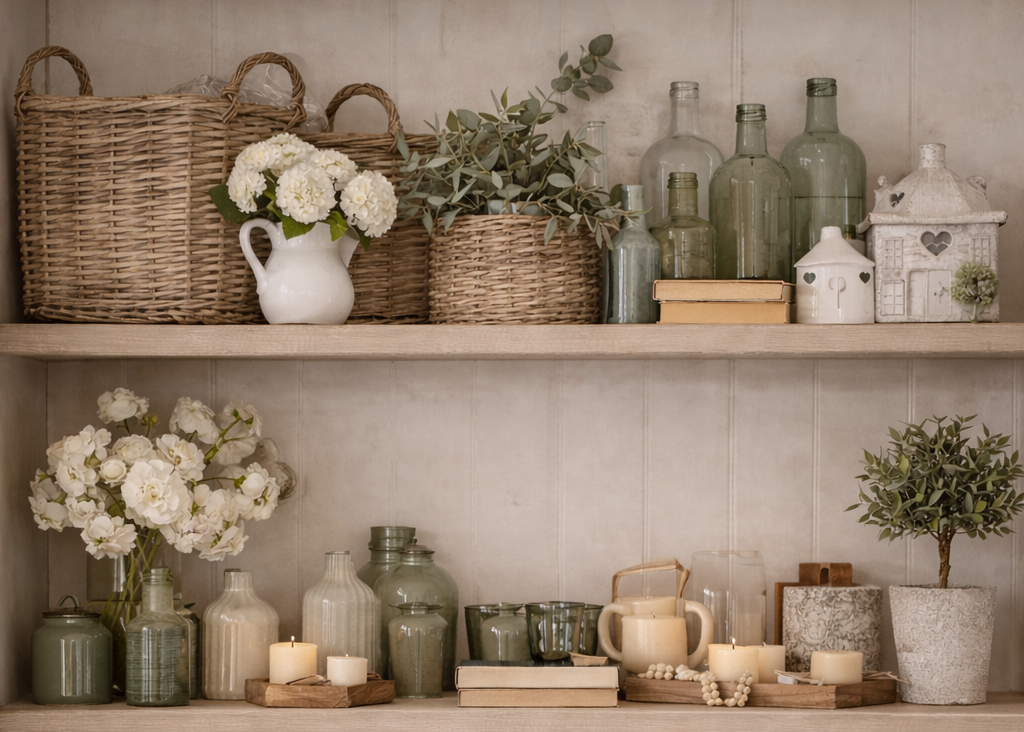 Shelves with decorative items including vases, candles, and plants against a tiled wall.